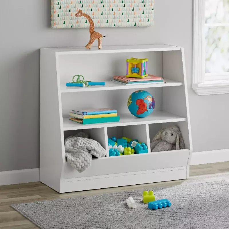 Kids Bin Storage and Two Shelf Bookcase, White  Book Shelf for Kids