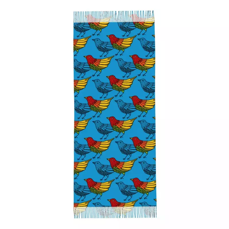 女性のためのカラフルな手描きの鳥のスカーフ、タッセルショール、ファッションスカーフ