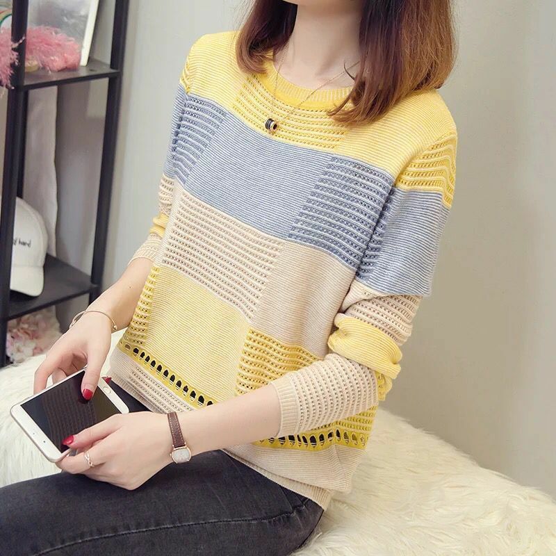Camiseta feminina casual de malha com decote em o, simples retalho, confortável, lazer, confortável, roupa coreana, primavera, outono
