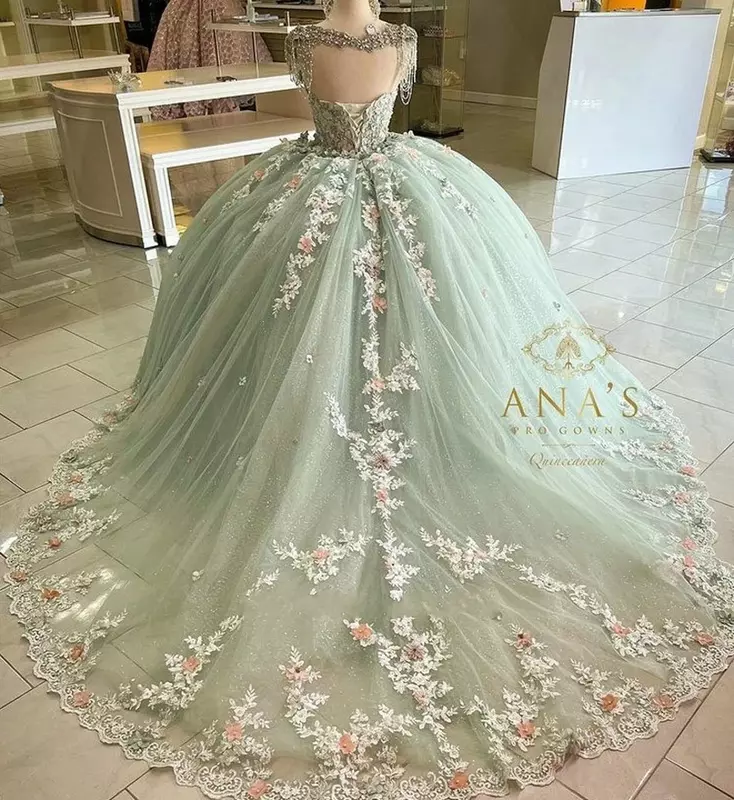 Verde Sábio Cinderela Quinceanera Vestido, Charme Brilhante Flores 3D, Beading Espartilho, Princesa Vestido de Baile, Doce 16