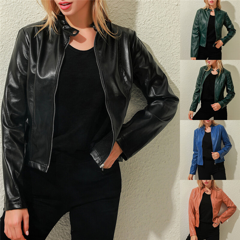 Jaket kulit imitasi slim-fit wanita, mantel lengan panjang kerah berdiri, kardigan ritsleting, mantel pendek