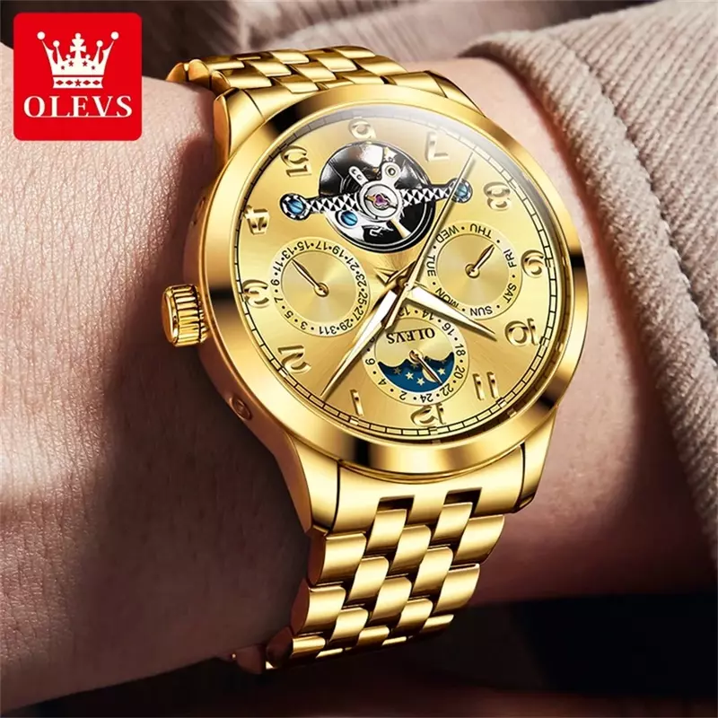 OLEVS 7018 pusty luksusowy zegarek mechaniczny dla mężczyzn Moonswatch numer Dial wodoodporne zegarki męskie Auto data oryginalny zegarek na rękę