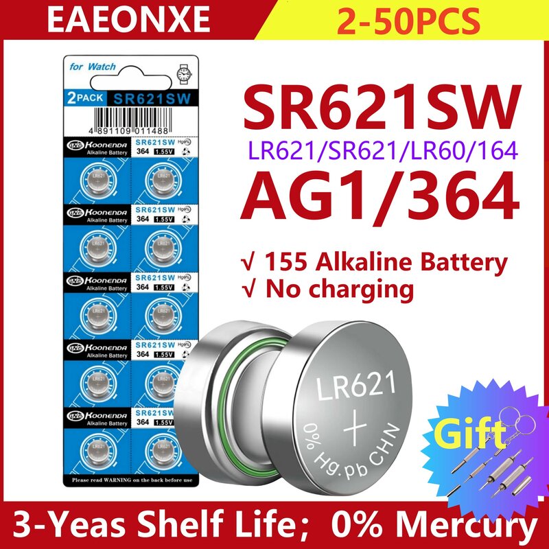 時計、大容量バッテリー、ギフト、ag1、364a、lr60、sr60、lr621、sr621sw、364、164、cx60、1.5v、1個用のアルカリボタンセル