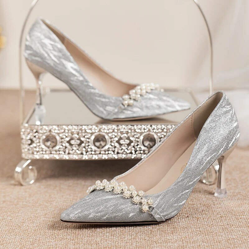 Shiny Glitter High Heels Pumps Women 2023 Autumn Luxury Pearl Stiletto Heeled Designer Shoes Woman Pointed Toe Silver Party Shoe