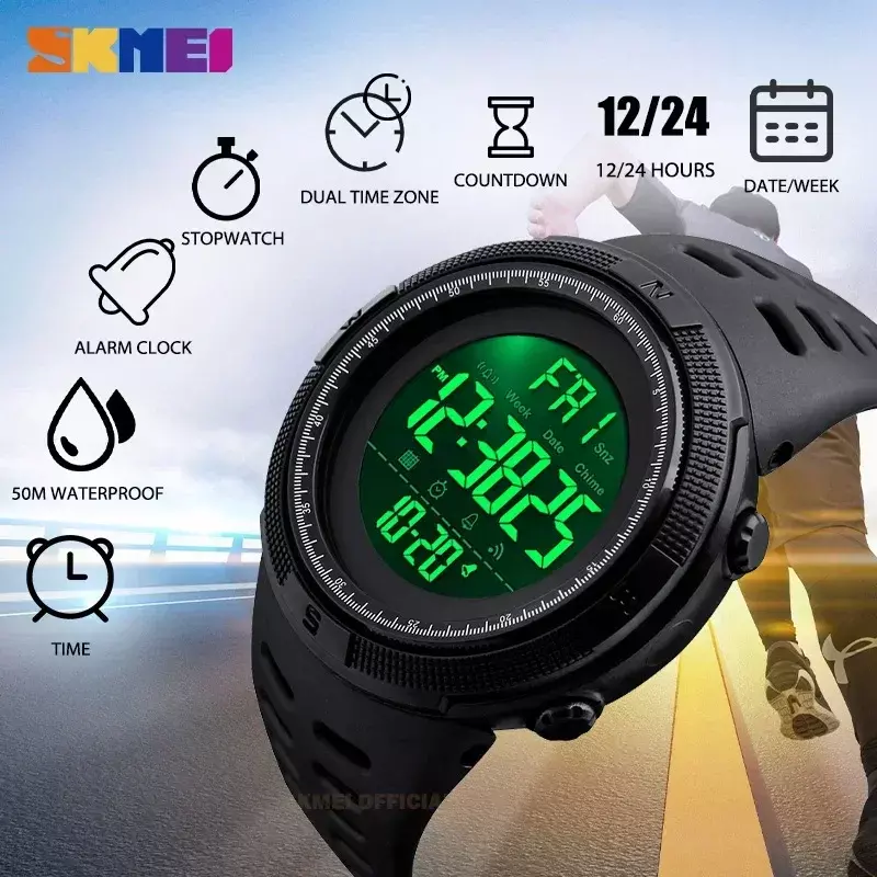 Zegarki wielofunkcyjne budzik SKMEI 1251 chronon 5Bar wodoodporny zegarek cyfrowy reloj hombre zegarek sportowy do użytku na zewnątrz mężczyzn
