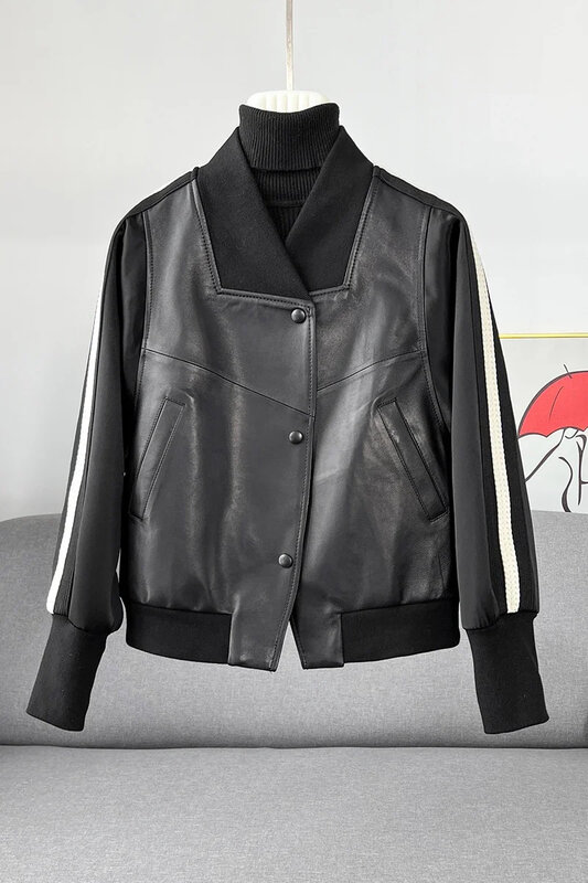 Jaqueta de couro genuíno feminino, jaqueta de beisebol de pele de carneiro, tecido curto, patchwork, roupas femininas casuais, primavera, 2022
