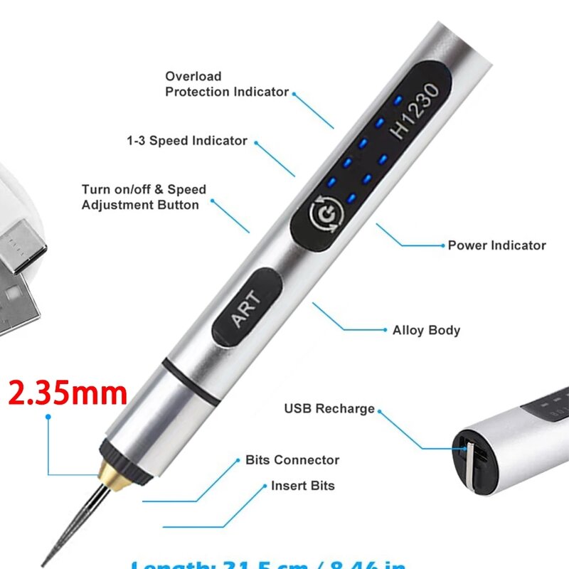 Bolígrafo de grabado para carpintería, Kit de herramientas rotativas inalámbricas USB para joyería, Mini Taladro Inalámbrico de Metal y vidrio