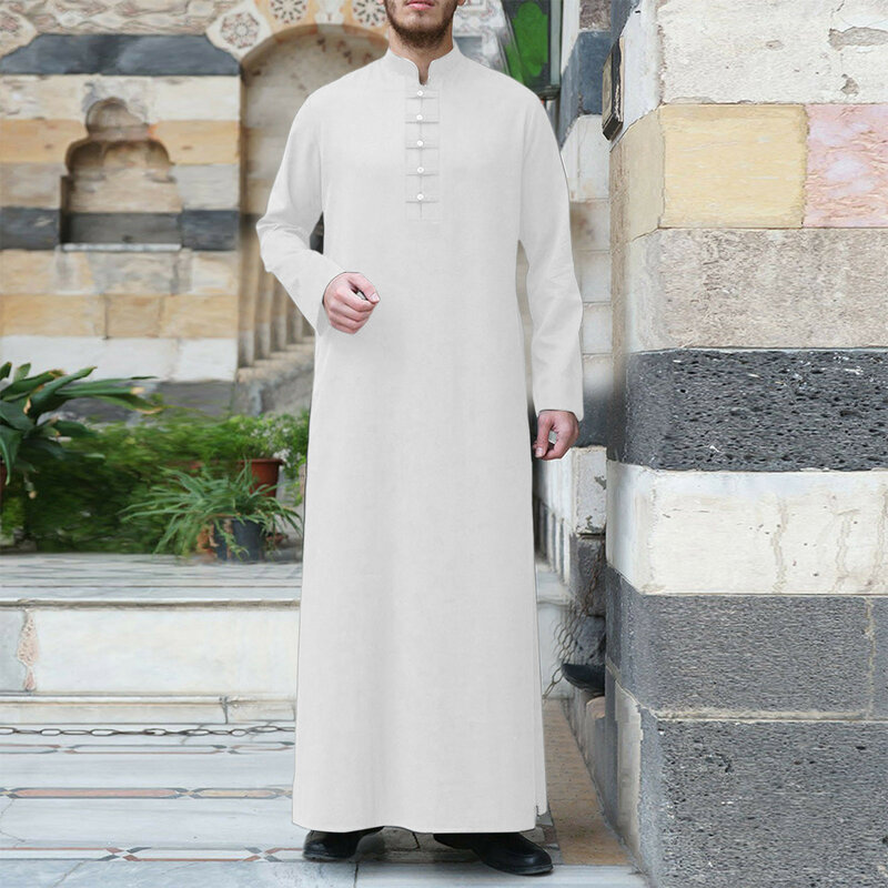 Muzułmańska szata mężczyźni Jubba Thobe saudyjska arabska Kaftan w jednolitym kolorze stojak z dekoltem Homme Abaya Caftan islamska odzież sukienka Islam Eid