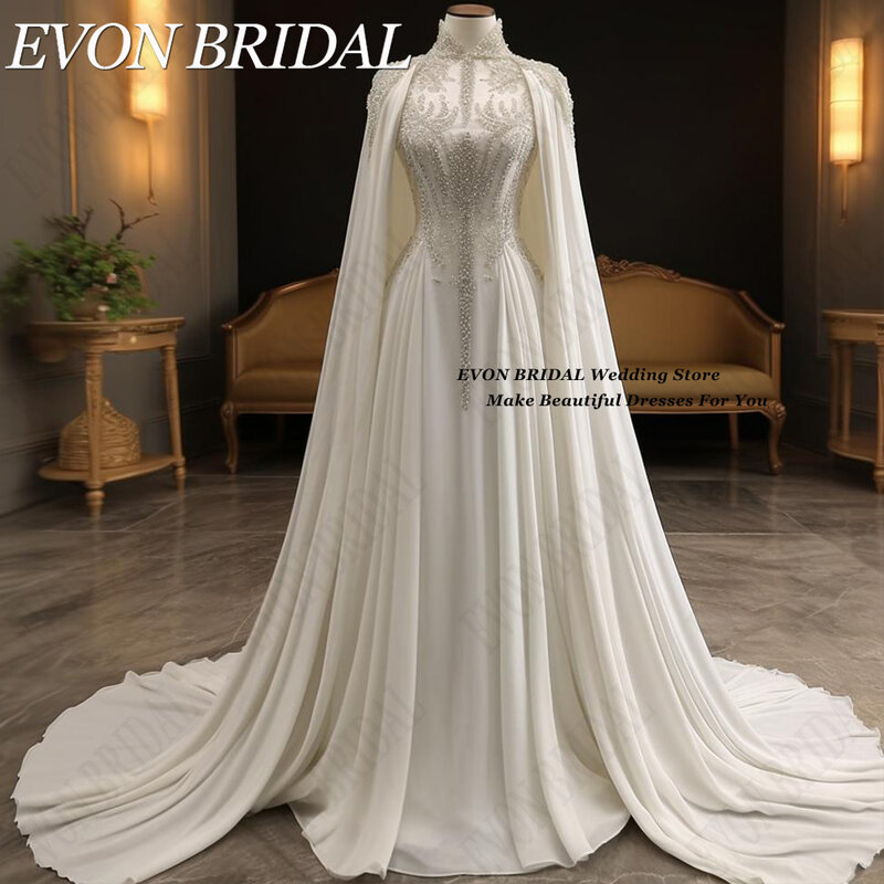 EVON BRIDAL-Vestidos de casamento muçulmanos brancos com capa para mulheres, Arábia Saudita, contas de noiva elegantes, gola alta, Abaya, 2024