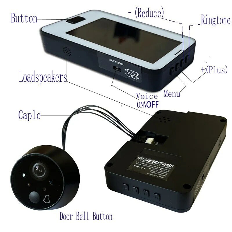 Kamera video Video 4.3 inci, kamera HD penglihatan malam IR, bel pintu mata kucing, kamera bel pintu video sudut ultra lebar rumahan cerdas