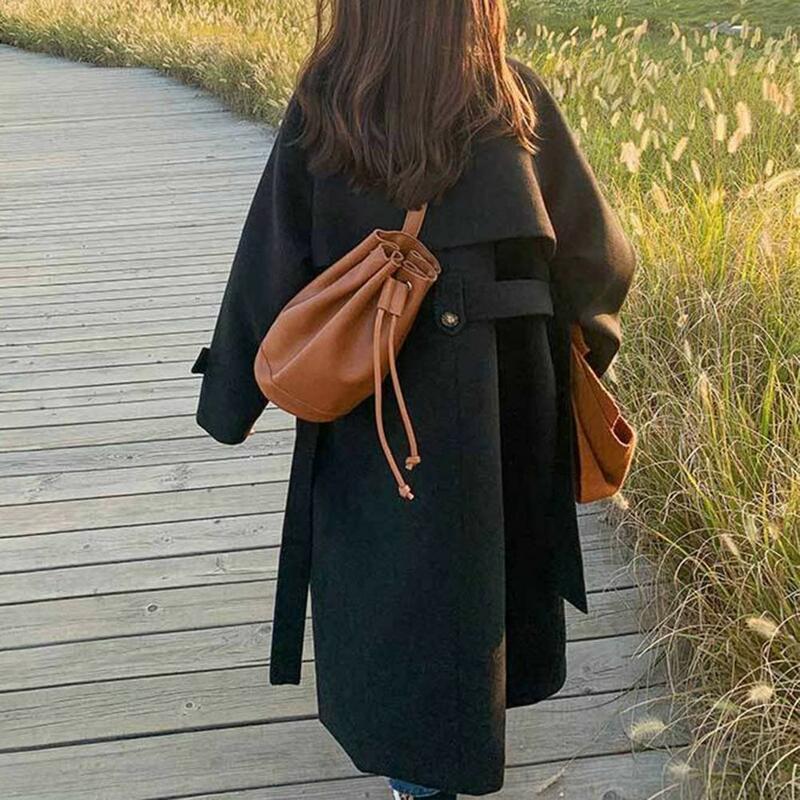 Lady Lapel Overcoat Stylish Windproof Women's Overcoat with Belt Warm Mid Length Winter Coat for Commute Loose Fit Turn-down