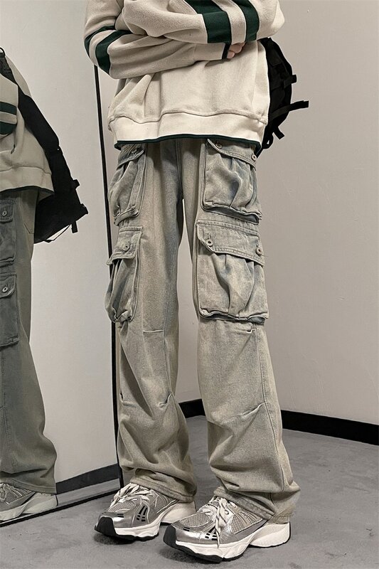 กางเกงยีนส์วินเทจหลายกระเป๋าซักกางเกงสตรีทกางเกงคาร์โก้วินเทจ