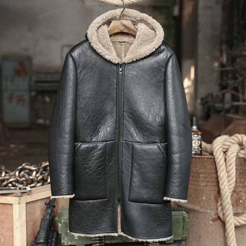 Tcyeek-Manteau en fourrure véritable en cuir véritable pour homme, capuche épaissie, peau de mouton naturelle, vêtements CombMan, mi-longs, hiver