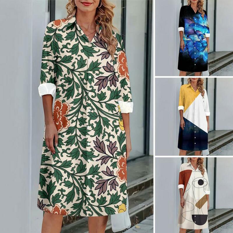 Women Autumn Dress Floral Print A-line Midi Dress with Turn-down Collar Long Sleeves Women's Knee Length Button-up Spring/fall