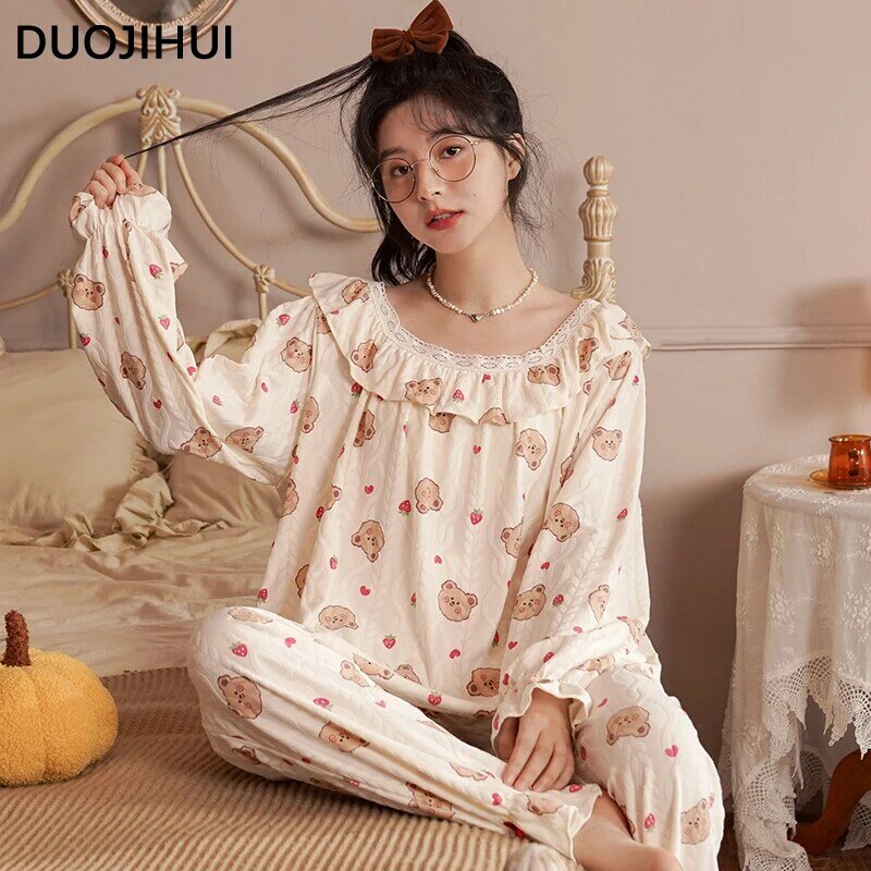 DUOJIHUI Sweet Chic Print Casual Home Women's Pajamas Set Autumn New Simple Long Sleeve Top Loose Pant Fashion Female Sleepwear
