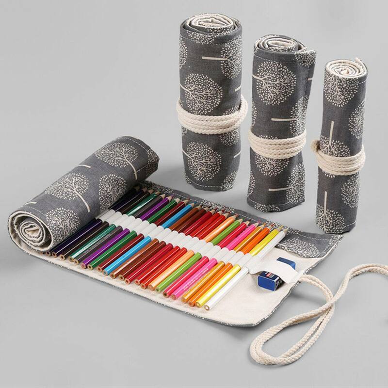 Estuche enrollable con patrón impreso de árbol blanco y negro, bolsa para lápices, bolígrafo de dibujo, almacenamiento de 12-24 agujeros
