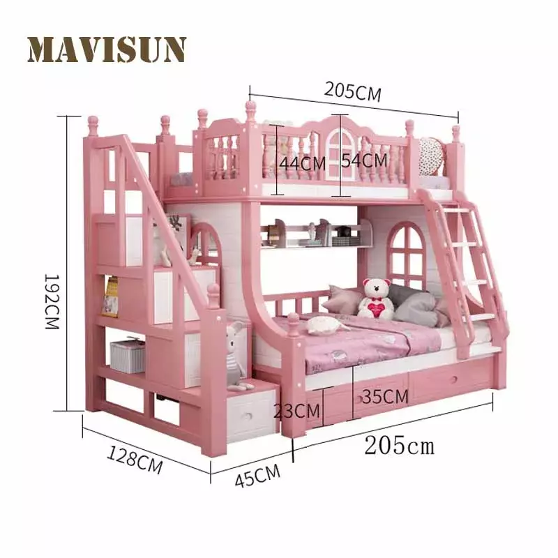 bed Nordic Style All Solid Wood Bunk  Slide Children Princess Up Down Kids  For room  Design Multifunctional Furniture