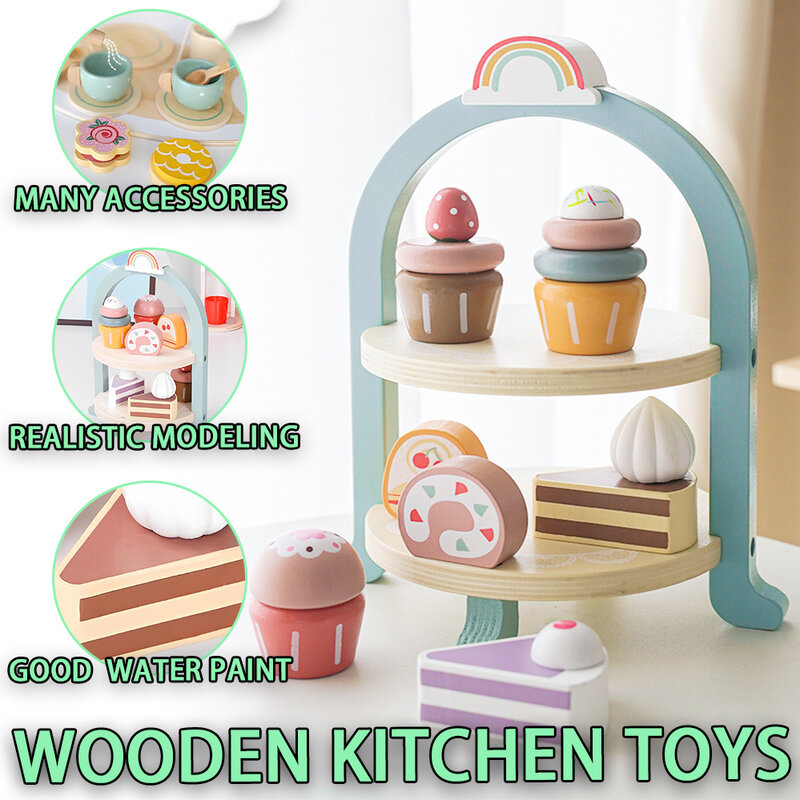 Kids Wooden Toys Coffee Maker Toy Set Cake Ice Cream Tea Time Playset Toddler Pretend Play Kitchen Accessories Gift for Children