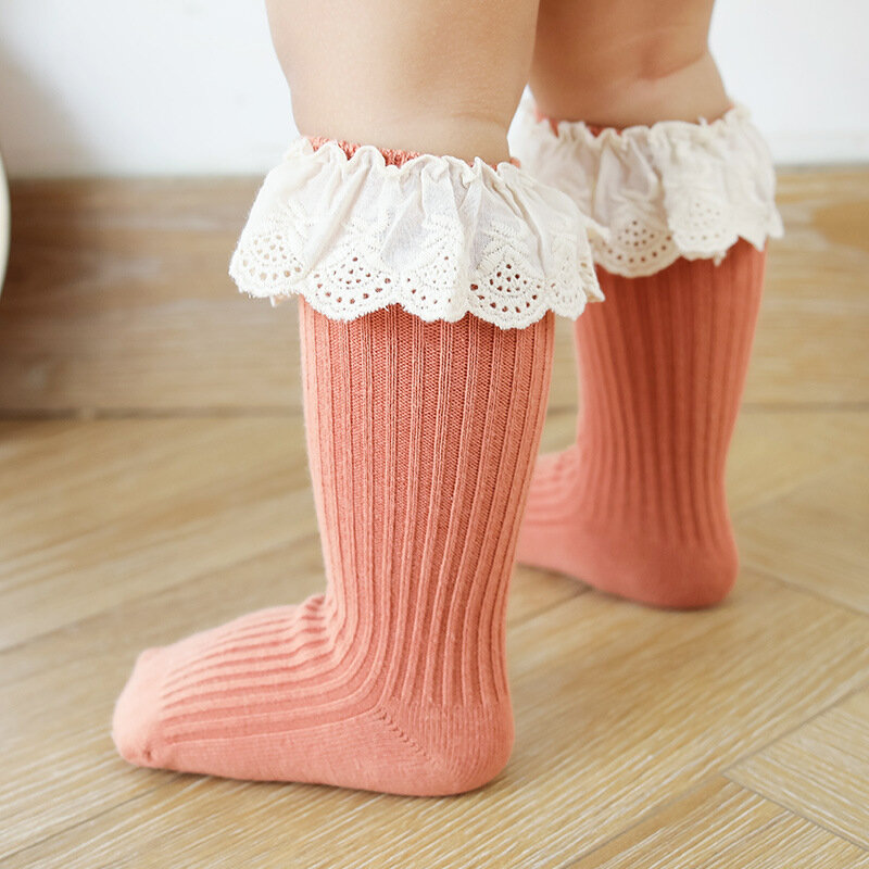 Chaussettes en dentelle pour bébé fille de 0 à 3 ans, chaussettes antidérapantes en coton à Long Tube, printemps-automne