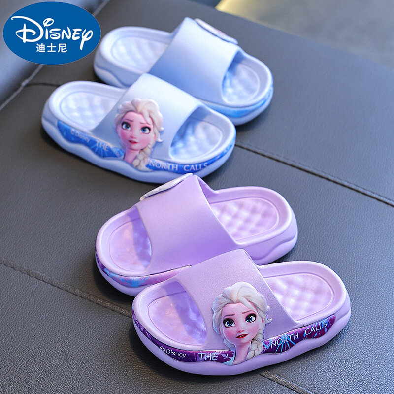 Sandálias de banho antiderrapantes dos desenhos animados da Disney para crianças, sola macia, Elsa Princess, chinelos bonitos, congelados, verão