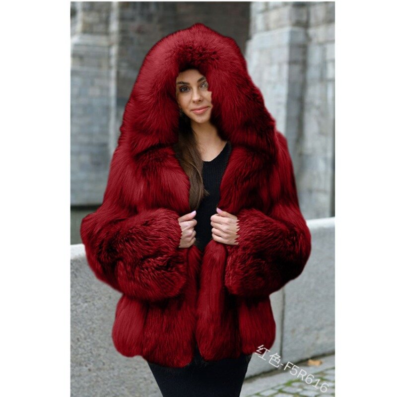Casaco de pele raposa comprimento médio para mulheres, casaco quente com capuz, europeu e americano