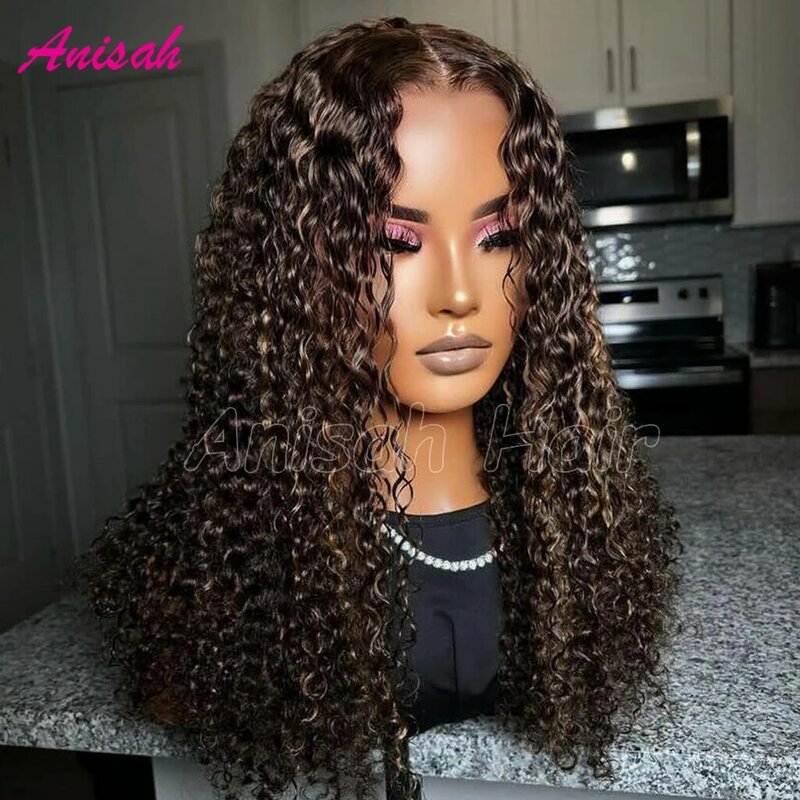 100% Virgin Hair Highlight Ombre Lace Front Wig Curly Human Hair Wigs Brown Colored Water Wave Lace Frontal Wigs For Women