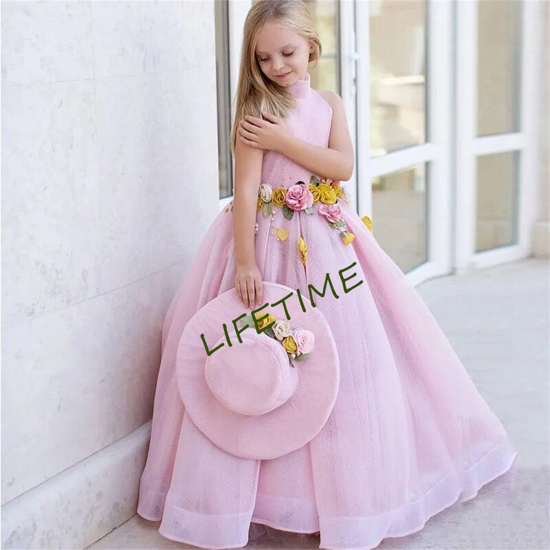 Gaun perempuan bunga leher tinggi merah muda gaun ulang tahun tanpa lengan panjang lantai pesta kontes Putri Bayi pesta dansa pernikahan Komuni Pertama