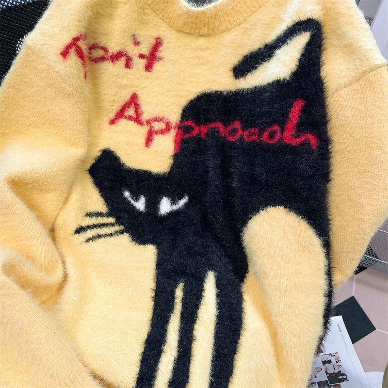 メンズアメリカンレトロ大気の猫のセーター、気分が良く、超きれい、柔らかさ、接着剤生地のニットトップ、特大、秋と冬