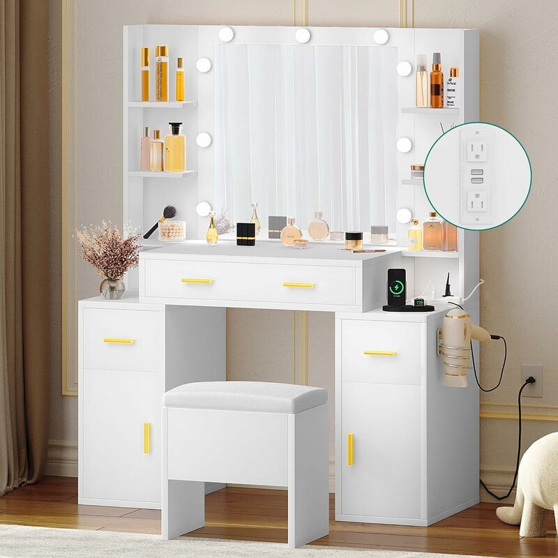 Makeup Vanity Desk with Mirror and Lights, Large Vanity Set with Charging Station, Dressing Table with Storage Bench
