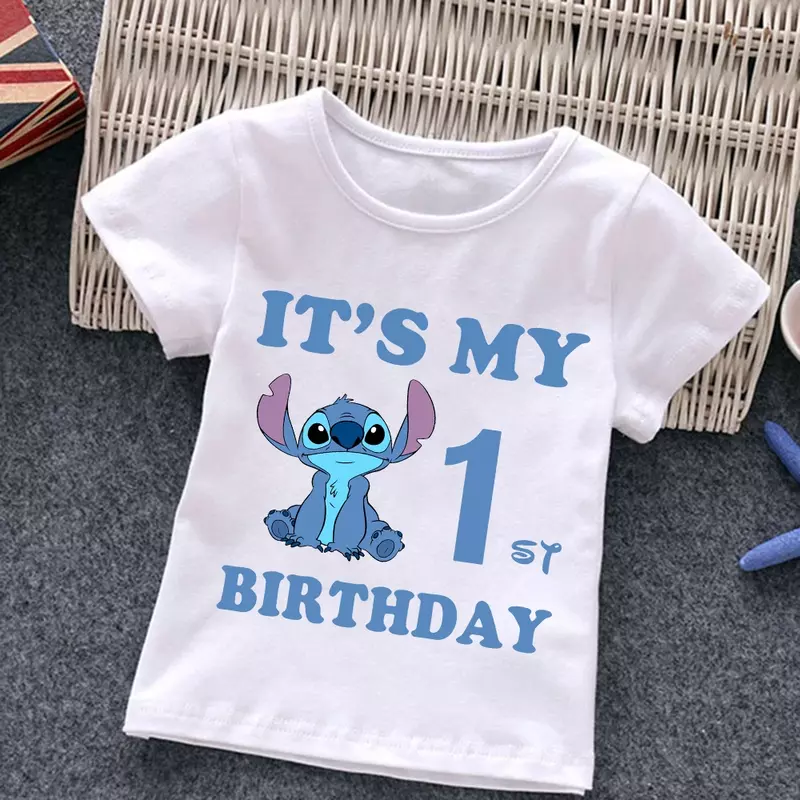 T-Shirt ulang tahun anak-anak Stitch baru pakaian musim panas 123456789 kaus oblong anak laki-laki perempuan kartun Anime lucu atasan kasual