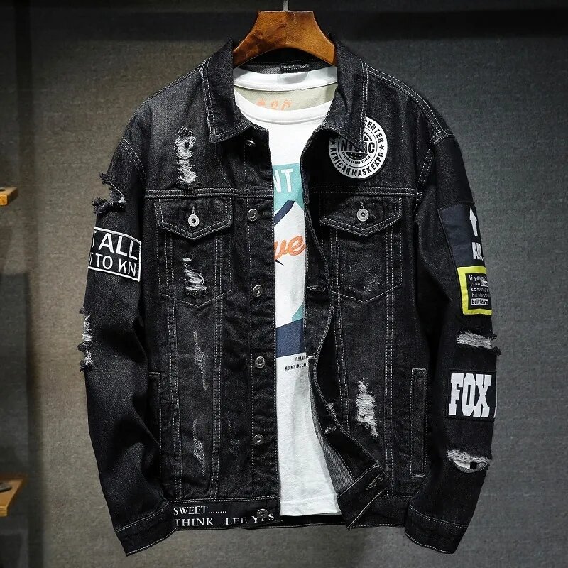 Men Brand Denim Jacket Hip Hop Streetwear Punk Motorcycle Ripped Print Cowboy Outwear High Quality Casual Hole Male Jeans Coat
