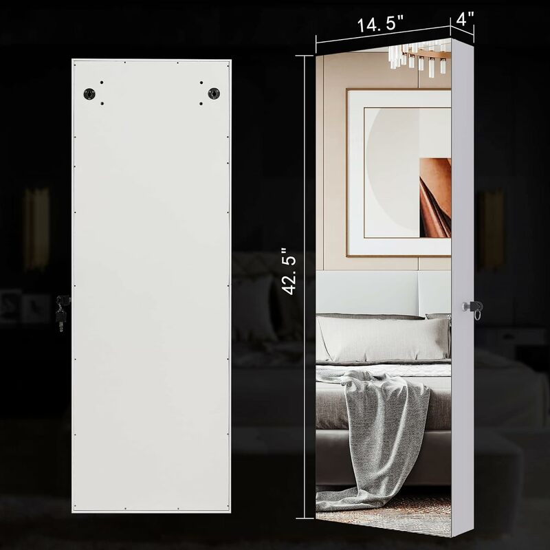 LED 주얼리 거울 캐비닛, 42.52 인치 높이 문짝 거울, 잠금 가능한 벽걸이 주얼리 정리함, 전체 길이 거울 주얼리 카비