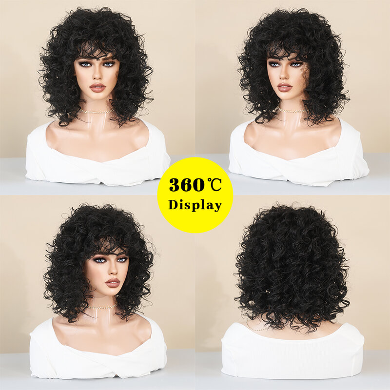 Natural preto curto encaracolado peruca de cabelo para as mulheres resistente ao calor peruca sintética com franja festa uso diário afro feminino peruca cabelo
