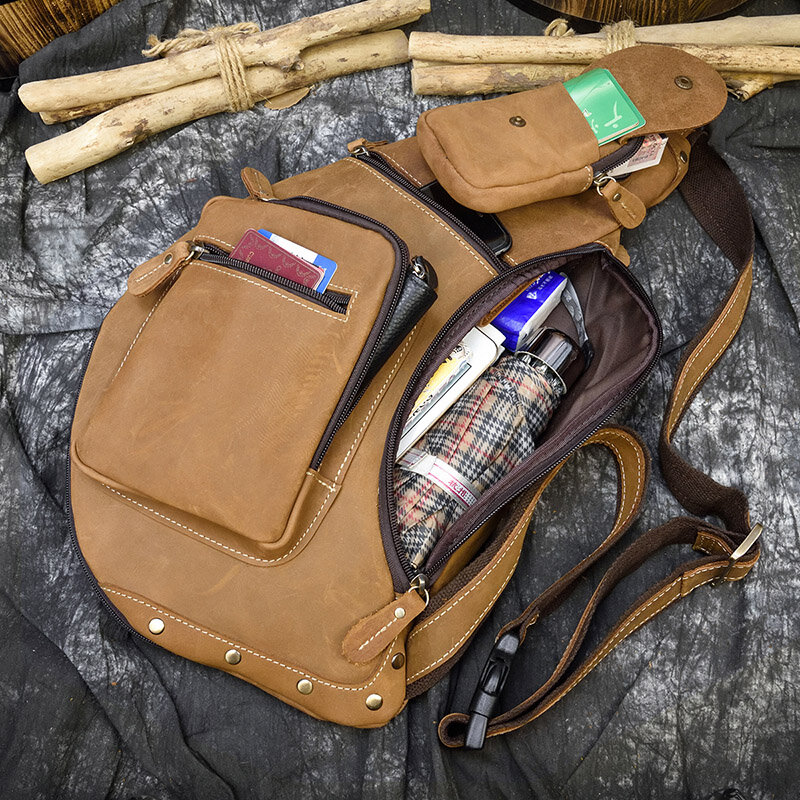 Big Chest Bag for Men Crazy Horse Leather Sling Bag Crossbody Bagpack Genuine Leather Casual Chest Packs Outdoor Sport Bag