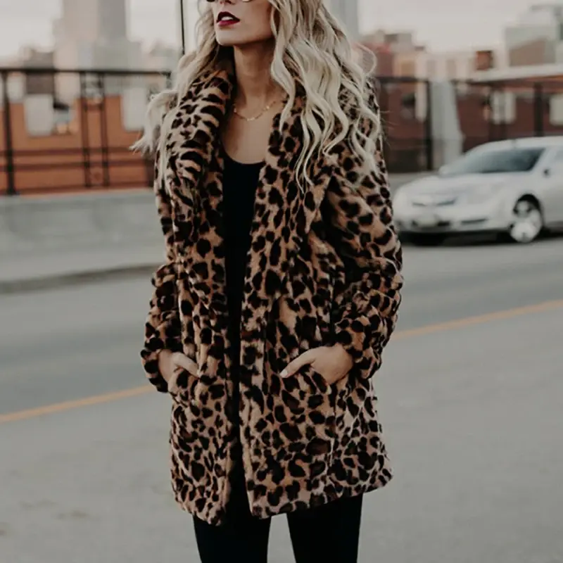Casaco feminino com estampa leopardo de pele sintética, manga comprida, jaqueta artificial, roupa de pelúcia grossa e quente, casacos de luxo, moda, inverno