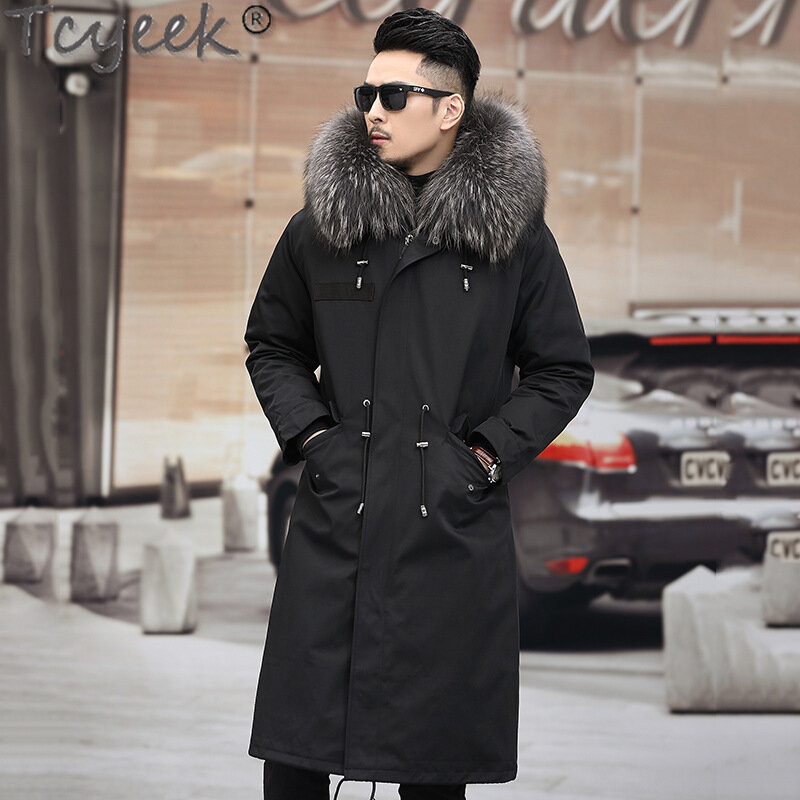 Tcyek 남성용 겨울 재킷, 따뜻한 밍크 모피 라이너, 탈착식 코트, 남성 의류,-30 ℃ 패션, 진짜 모피 파카, 너구리 모피 칼라 2023