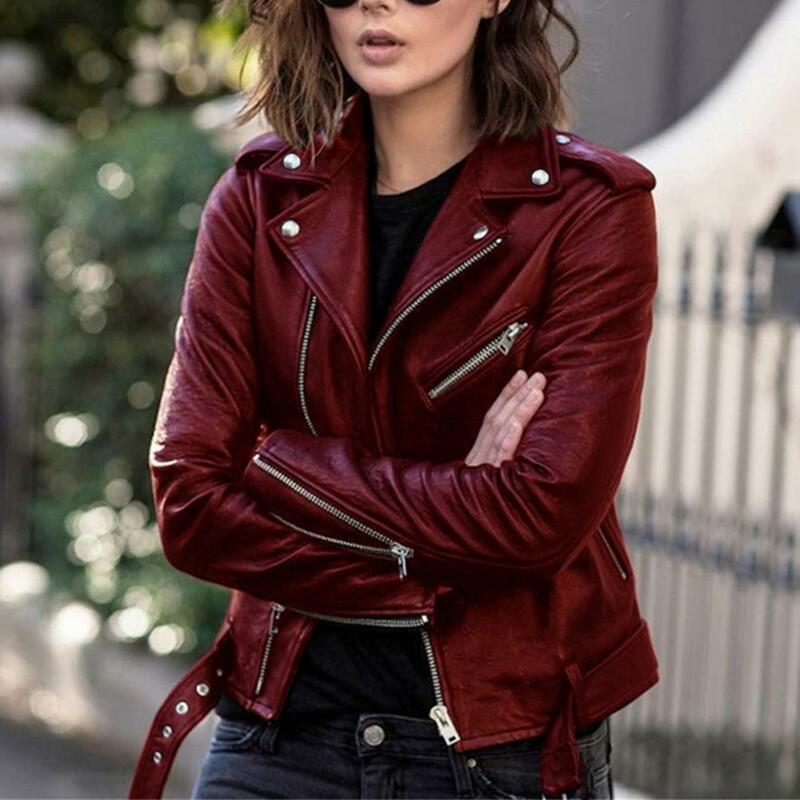 Популярная осенняя куртка, Женская куртка с отложным воротником и ремнем, однотонная уличная одежда из искусственной кожи, Женское пальто