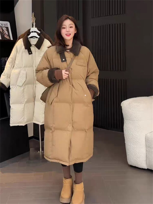 Gaya Korea Splicing panjang sedang kerah bawah untuk wanita di musim dingin, tebal dan hangat, dengan rasa mewah jaket roti