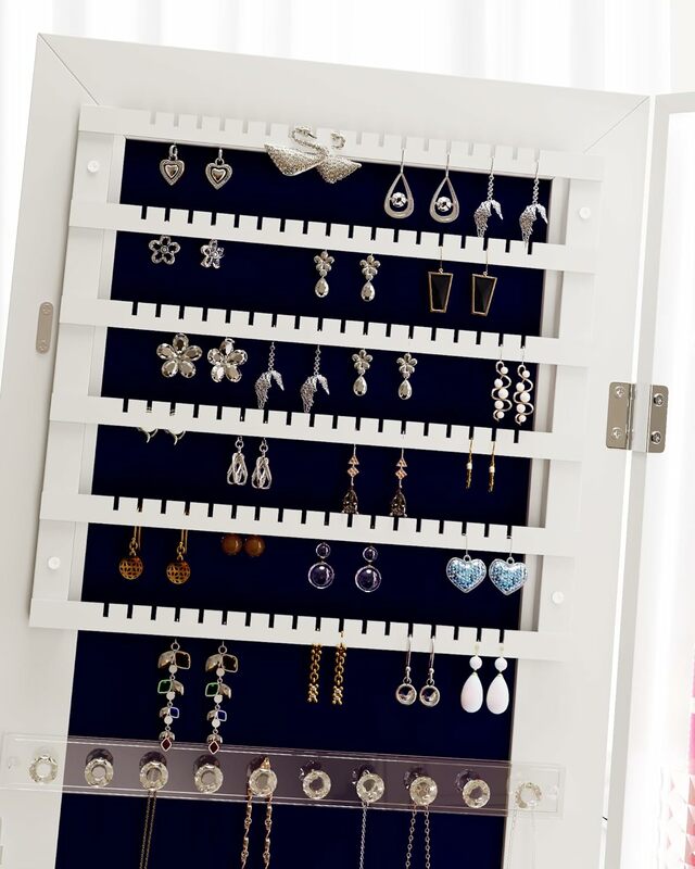 360 ° obrotowa biżuteria szafka z lusterkiem pełnej długości, stojące lustro z organizerem do przechowywania biżuterii, biżuteria z lustrem