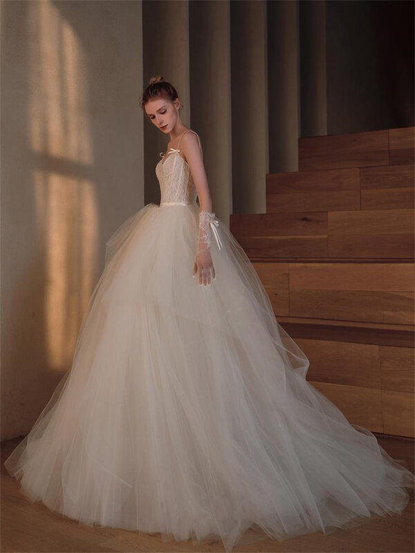 Elegante Tulle Lace vestido de baile, Spaghetti Strap, V-Neck, Ribbon Bow, Vestidos de casamento, Tribunal, Prom Party Dresses, 2024