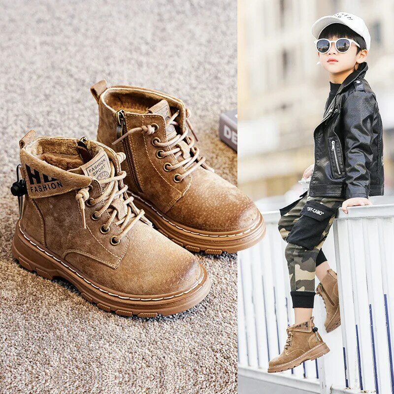 Boys Girls Boots New Autumn Winter Soft Bottom Korean Style Children Short Boots Casual Plush Shoes أحذية غير رسمية chaussures
