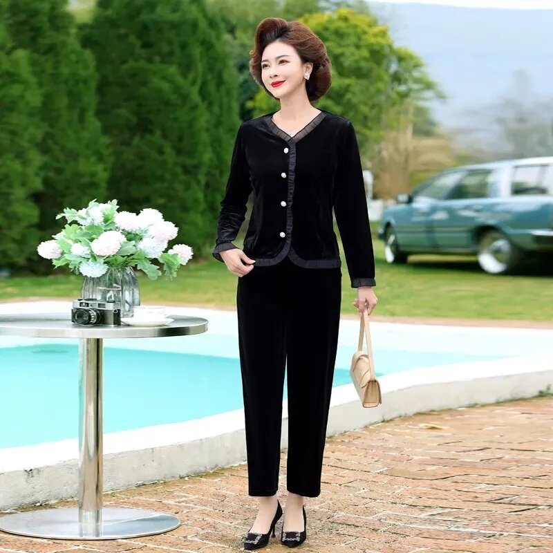 Spring Autumn Mother's Set Long Sleeve Tops+Pants Two Piece Suits Middle Aged Elderly Women Fashion Casual Gold Velvet Sets 5XL