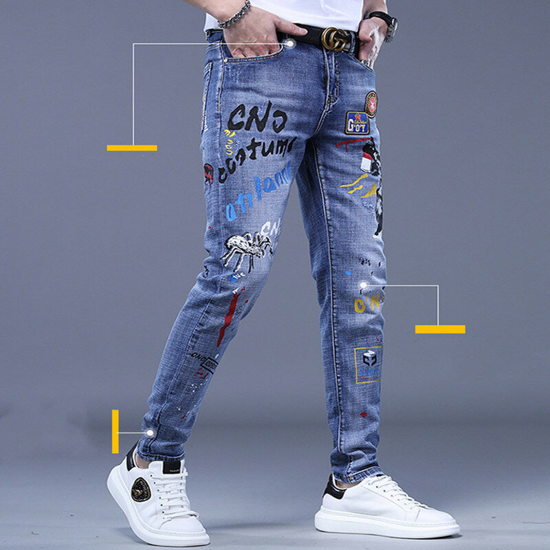 Youth Men's Spring Autumn Medium Denim Slim Jeans Designer Korean Style Slim Letter Printed Luxury Clothing Men Cotton Trousers