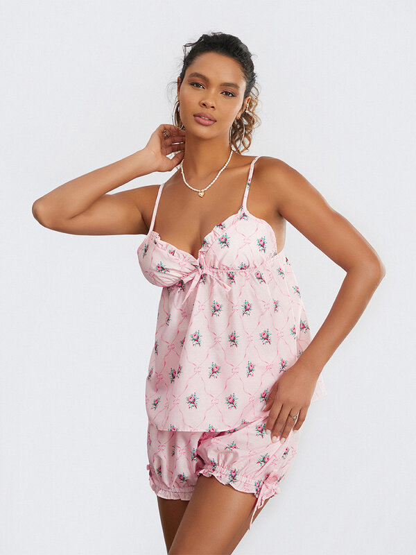 Kimydreama-pijamas sem mangas para mulheres, conjunto de 2 peças com decote em v profundo e shorts, design floral suave