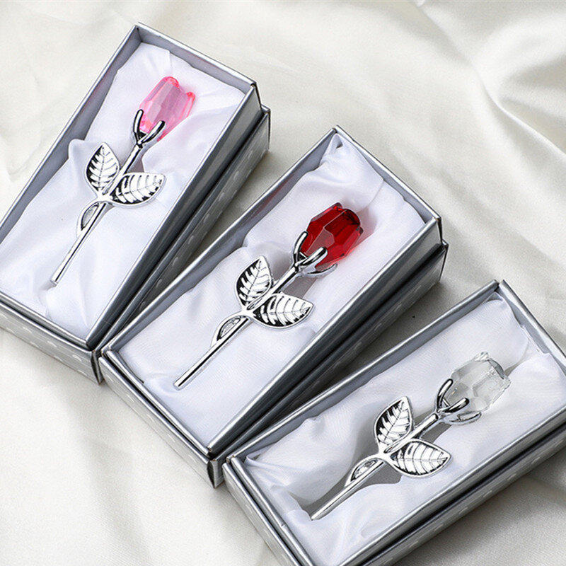 Flor rosa de cristal artificial para namorada, prata e ouro Rod, presente do dia dos namorados, presentes de casamento para convidado