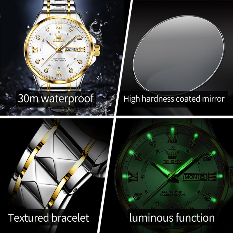 OLEVS-Relógio Quartz Masculino Impermeável, Calendário Duplo, Escala de Diamante, Luminoso Relógio de Pulso Masculino, Marca Original, Luxo