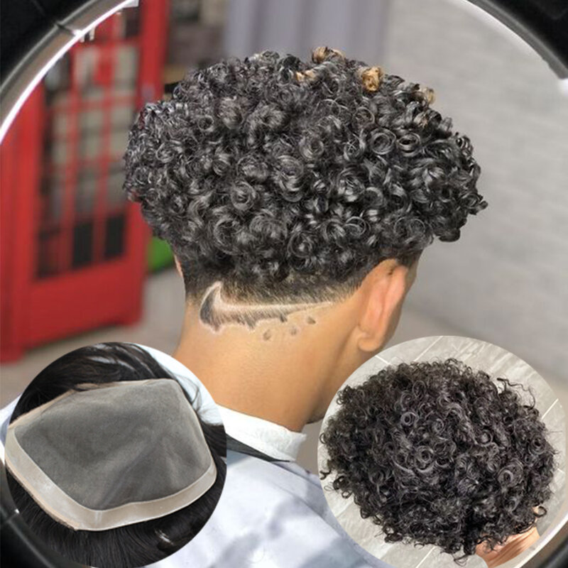 Rambut palsu rambut manusia keriting Pria Hitam 15mm keren Mono halus tahan lama bahan dasar PU rambut pria Sistem prostesis rambut tampilan alami