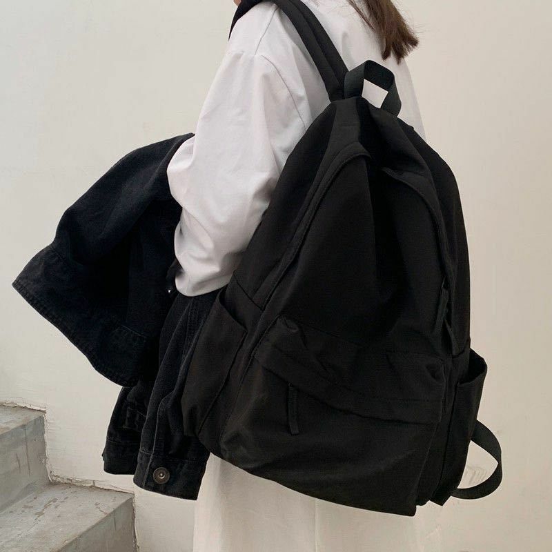 Sac à dos grande capacité pour femme, sacs à dos monochromes noirs, sac à fermeture éclair décontracté, sac étanche pour étudiants, style japonais, Mochila, ChimHarajuku