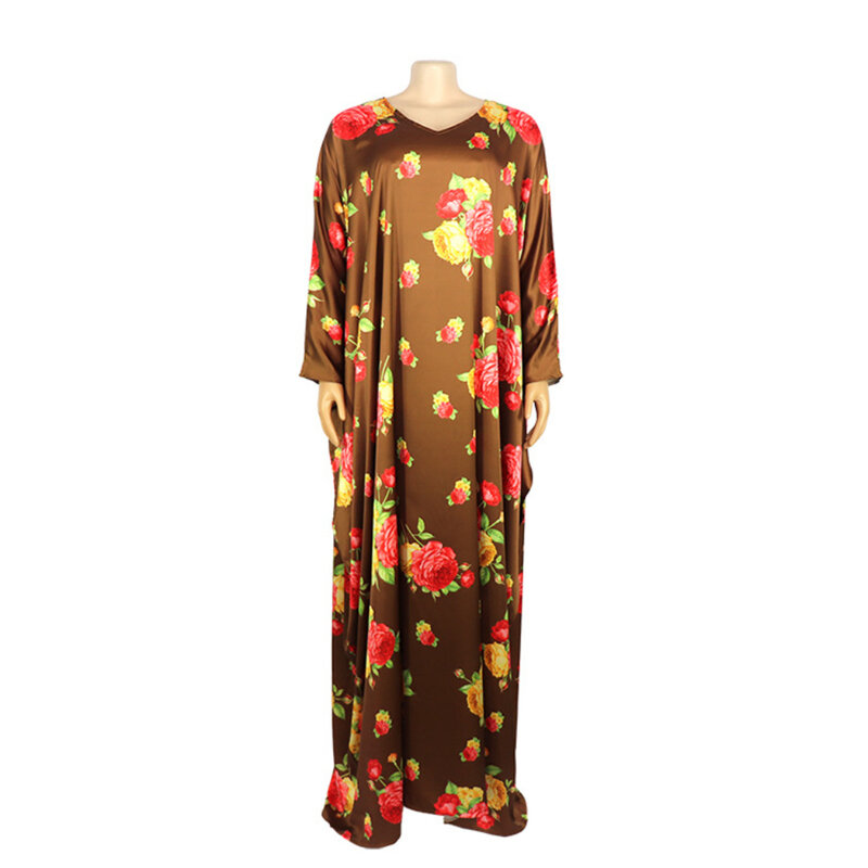 European and American Women's Dress Big Swing Elastic Satin Digital Print V-neck Robe ML103Q90
