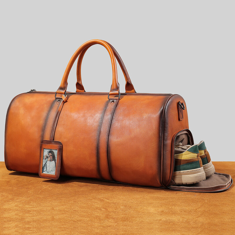 Bolso de viaje de cuero genuino para hombre, bolsa de equipaje de mano de gran capacidad, bolso de hombro cruzado, portátil de fin de semana